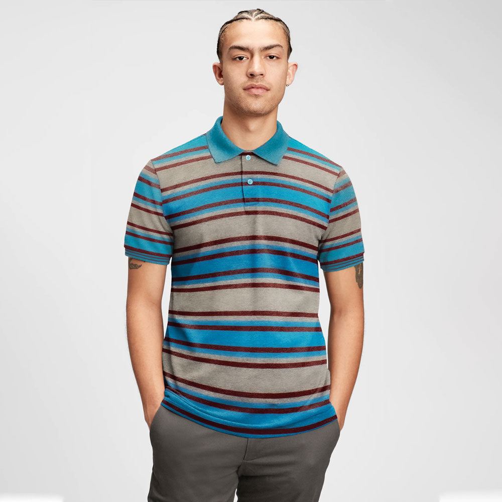 Men's Cyan and Red Striper Polo