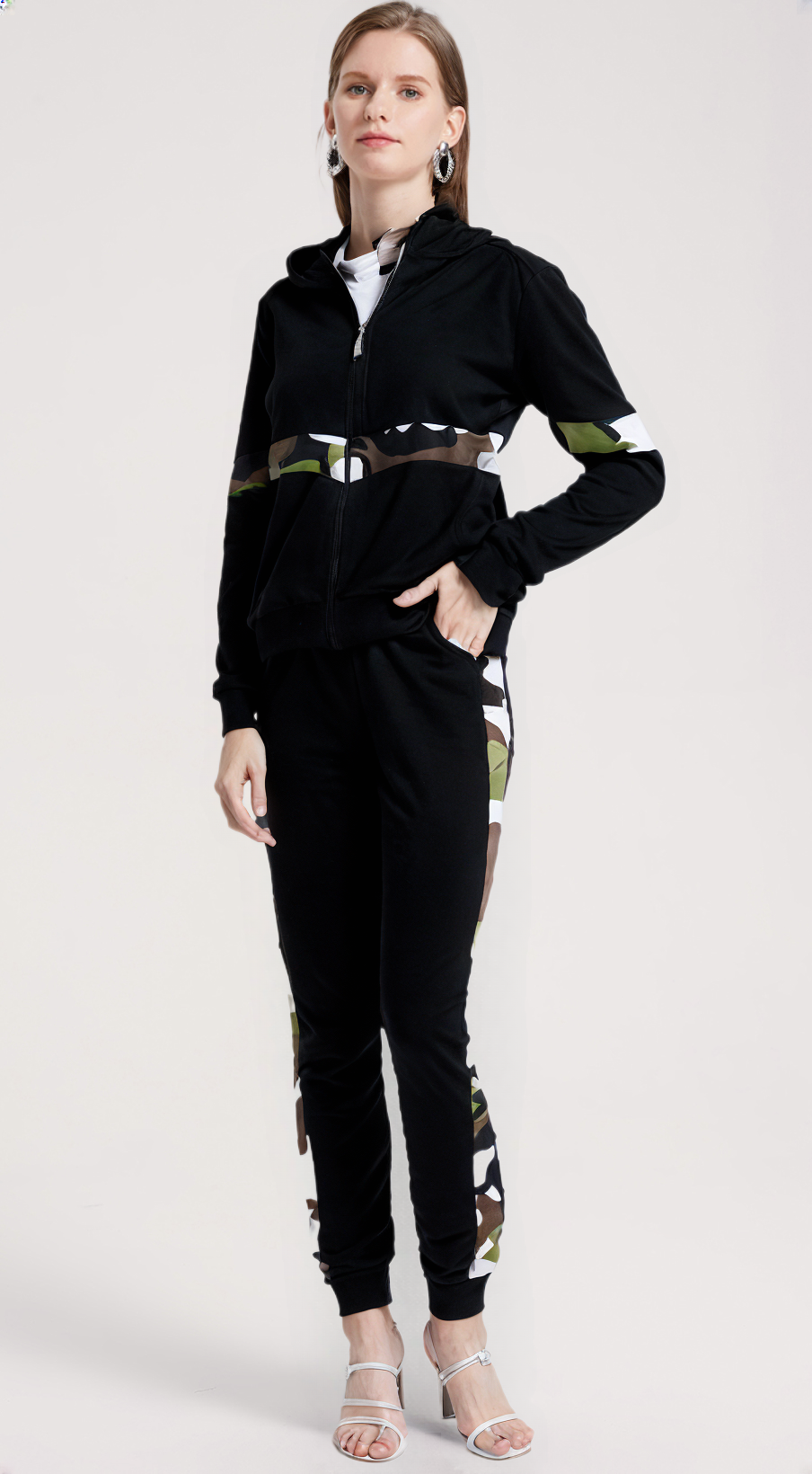 Ladies Black and Camo panel Tracksuit