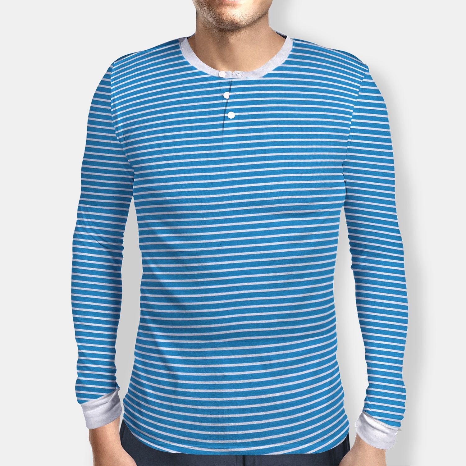 Henley White & Blue Liner Full Sleeves Shirts - Code 10A
